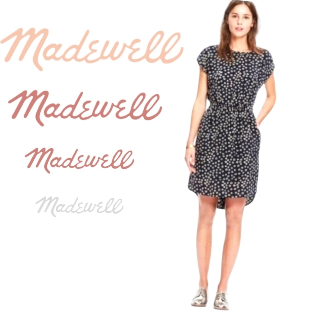 MADEWELL Stencil Blossom SILK Hi-Lo Wrap Dress Black Cap Sleeves Open Back Sz 0